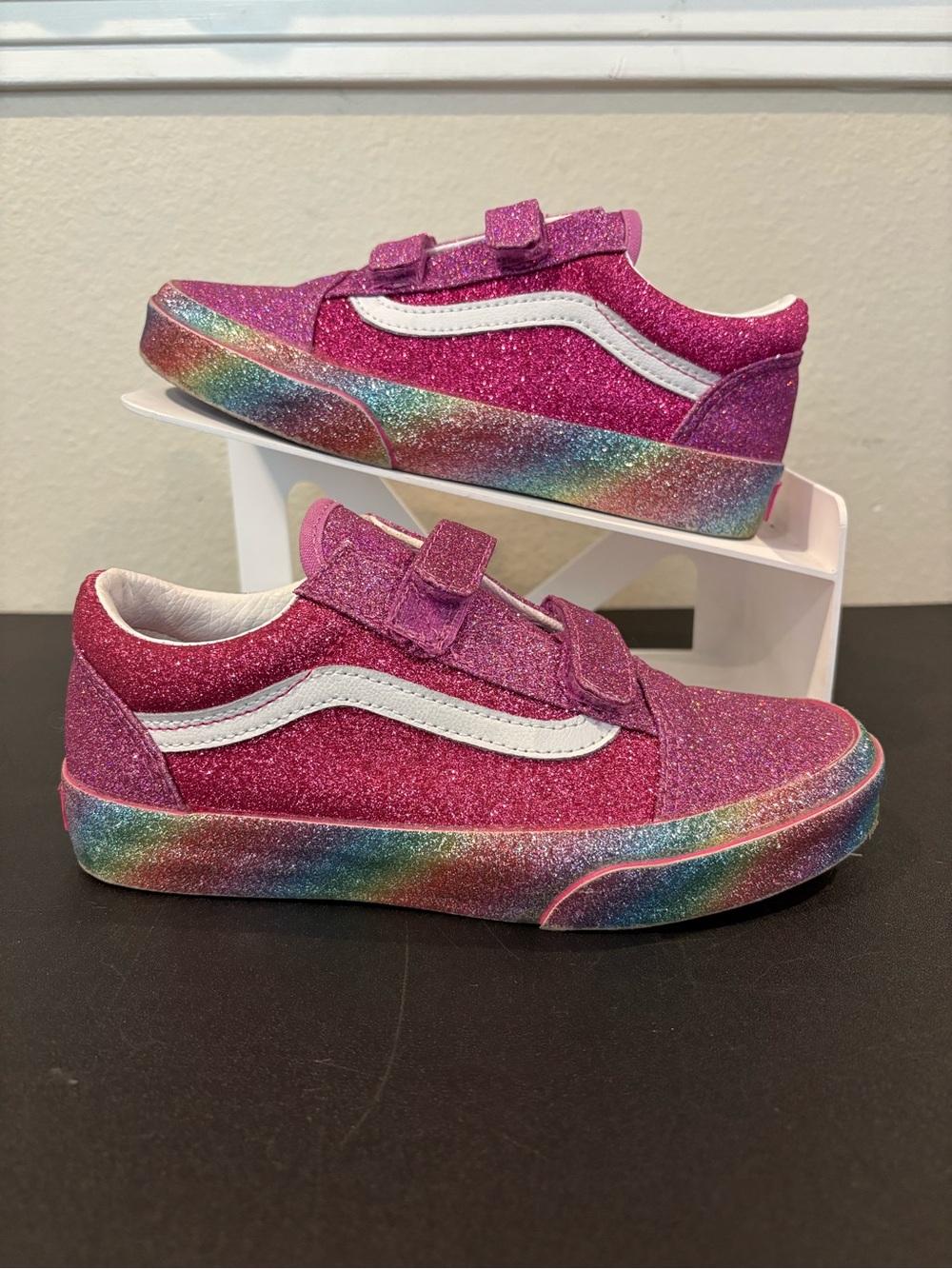 VANS Old Skool Pink Rainglow Glitter Girls Kids Shoes Hook And Loop Youth Sz 3Y